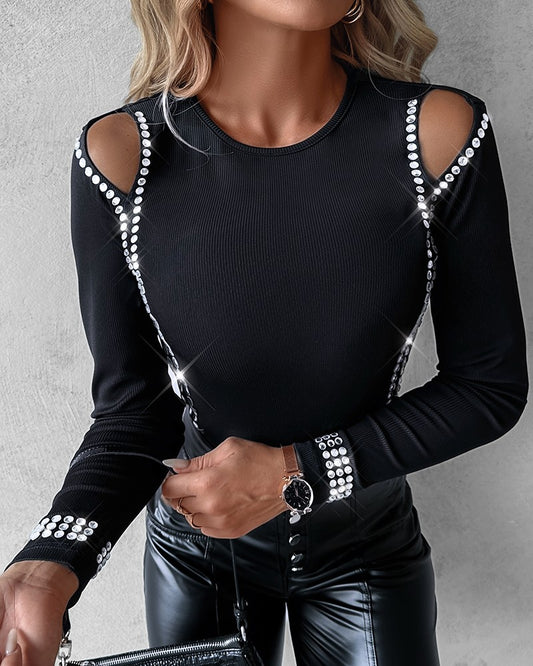 Rhinestone Cold Shoulder Cutout Top