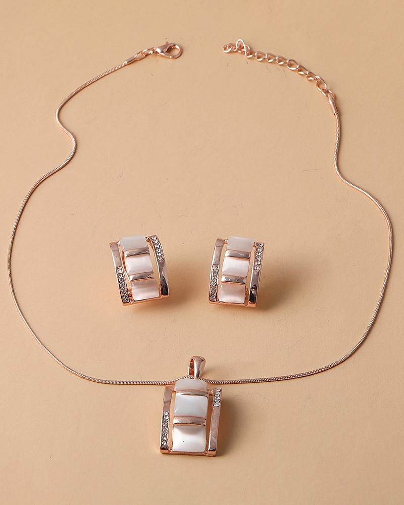 2PCS Square Opal Trendy Pendant Necklace & Earrings Jewelry Set