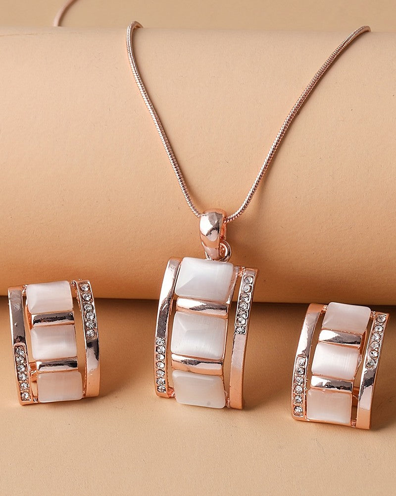 2PCS Square Opal Trendy Pendant Necklace & Earrings Jewelry Set