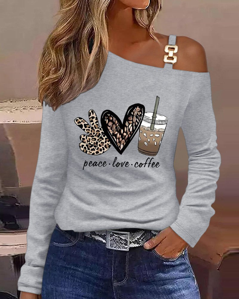 Graphic Heart Slogan Leopard Peace Love Coffee Print Top