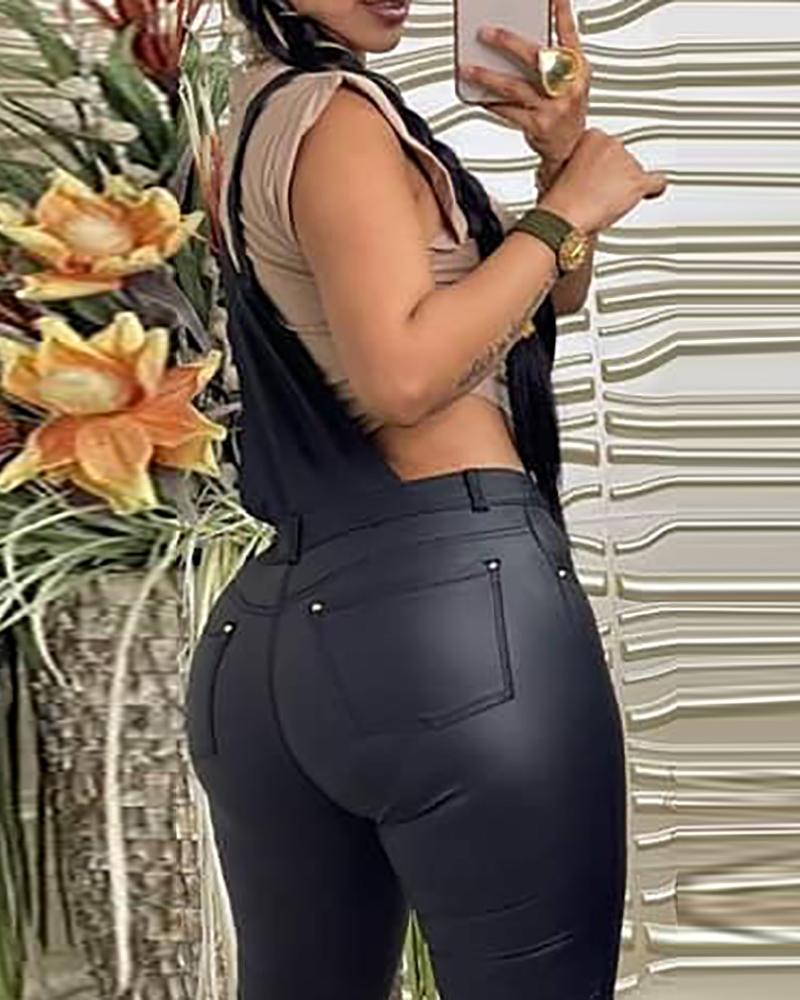 PU Leather Zipper Pocket Design Suspender Jumpsuit