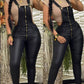 PU Leather Zipper Pocket Design Suspender Jumpsuit