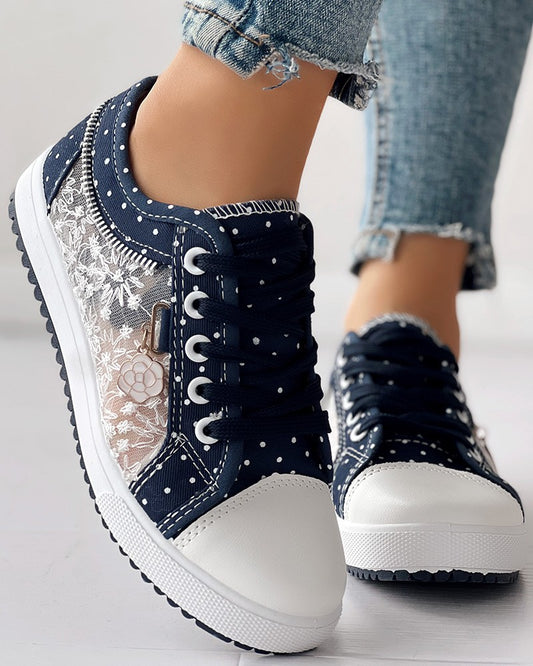 Floral Pattern Embroidery Dot Print Sneakers