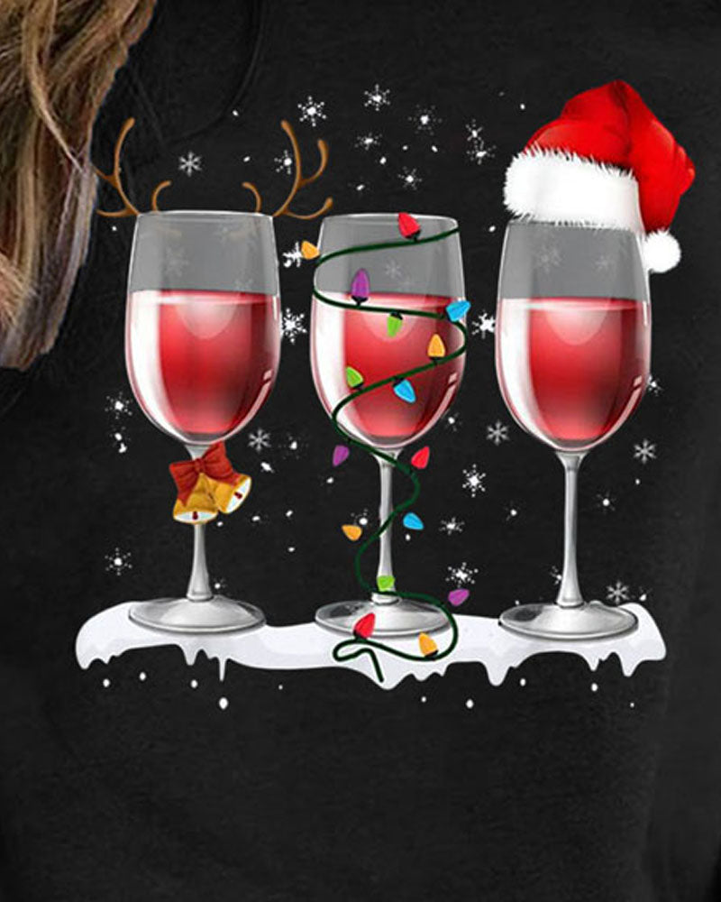 Christmas Hat Wine Glass Print Long Sleeve Top