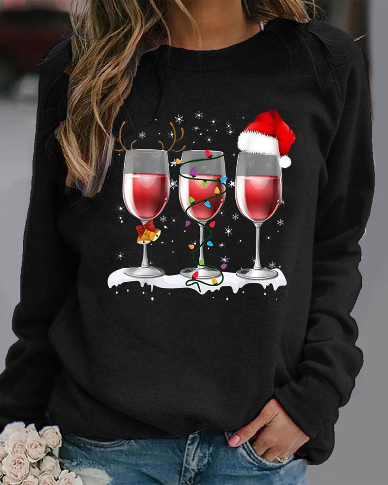 Christmas Hat Wine Glass Print Long Sleeve Top