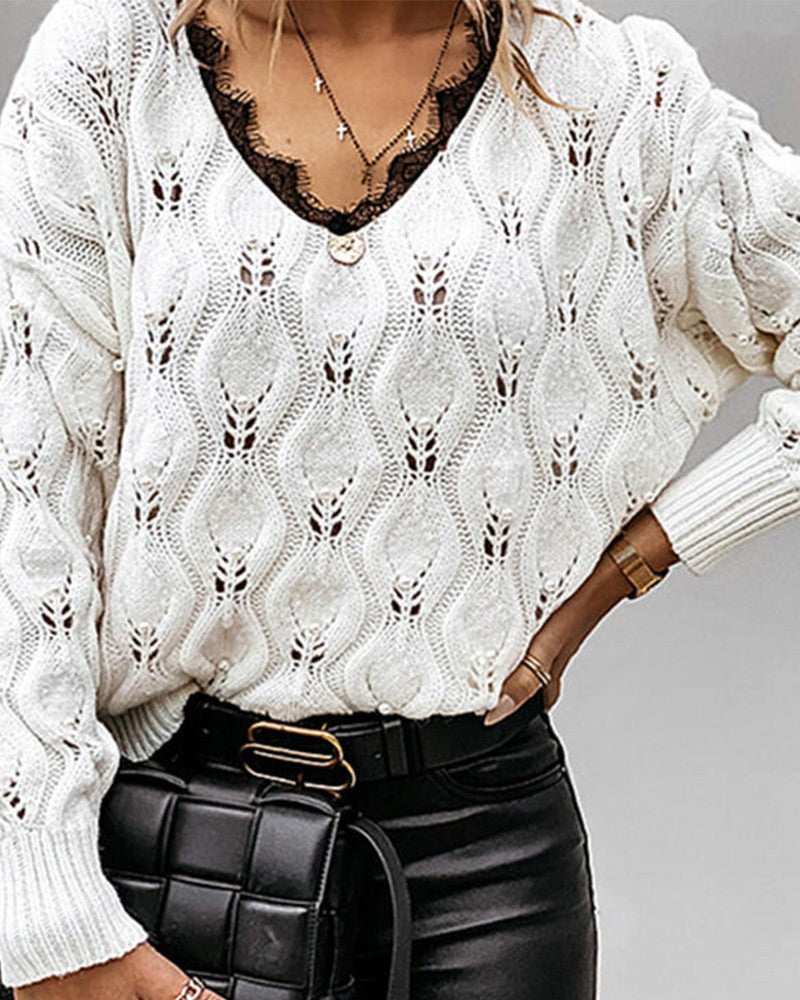 Contrast Lace V Neck Hollow out Sweater