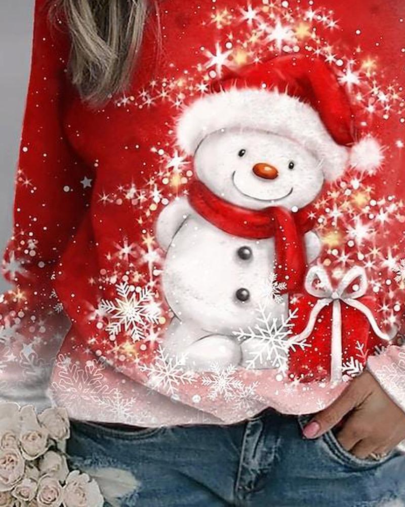 Christmas Snowman Print Long Sleeve Casual Top