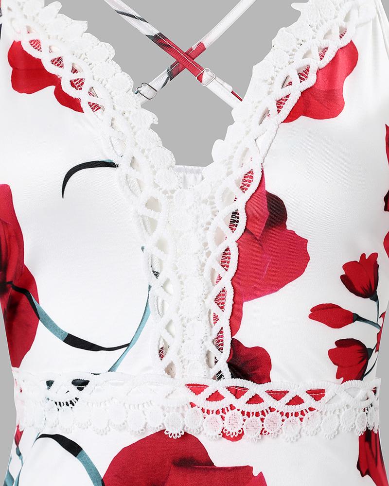 Spaghetti Strap Lace Trim Floral Print Top