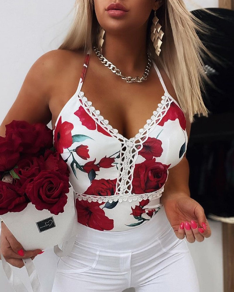 Spaghetti Strap Lace Trim Floral Print Top