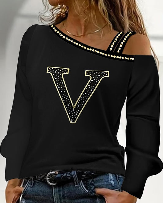 Rhinestone Letter Pattern Cold Shoulder Top