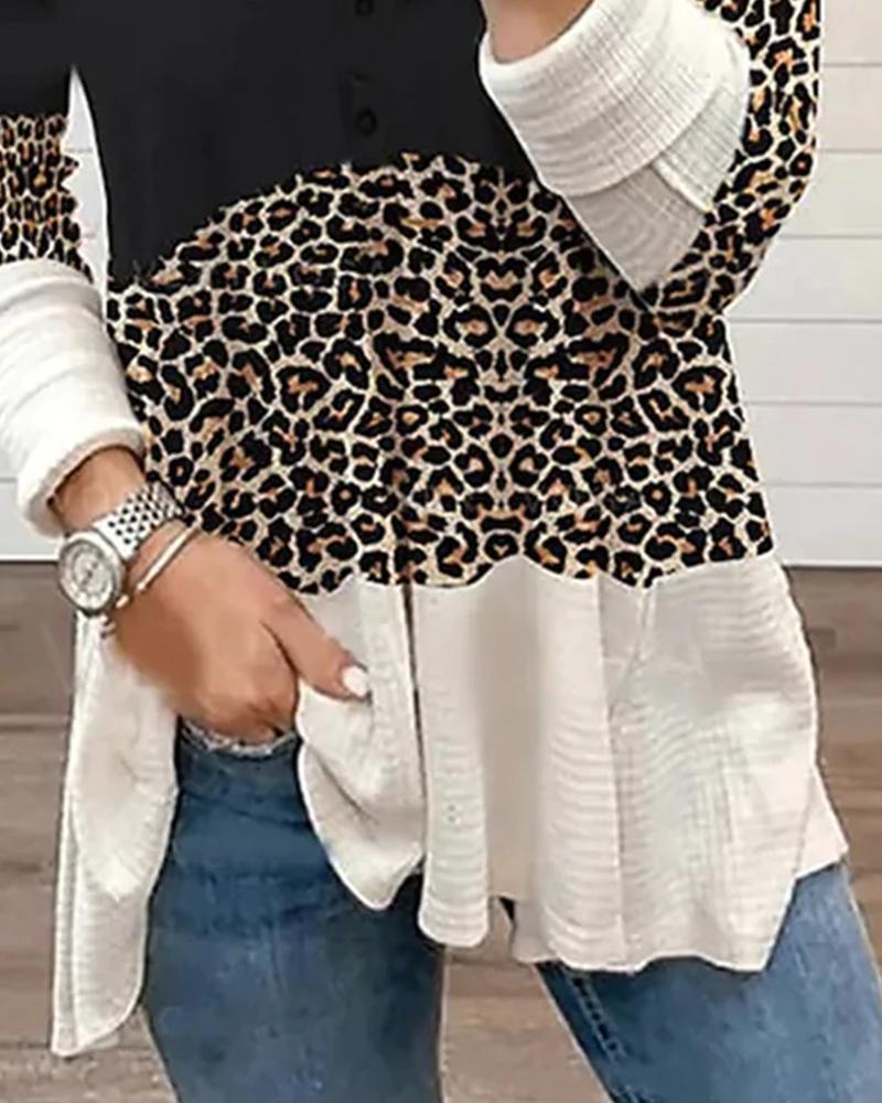 Contrast Leopard Colorblock Long Sleeve Top