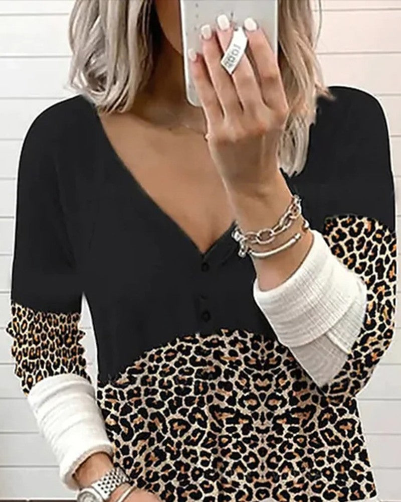 Contrast Leopard Colorblock Long Sleeve Top