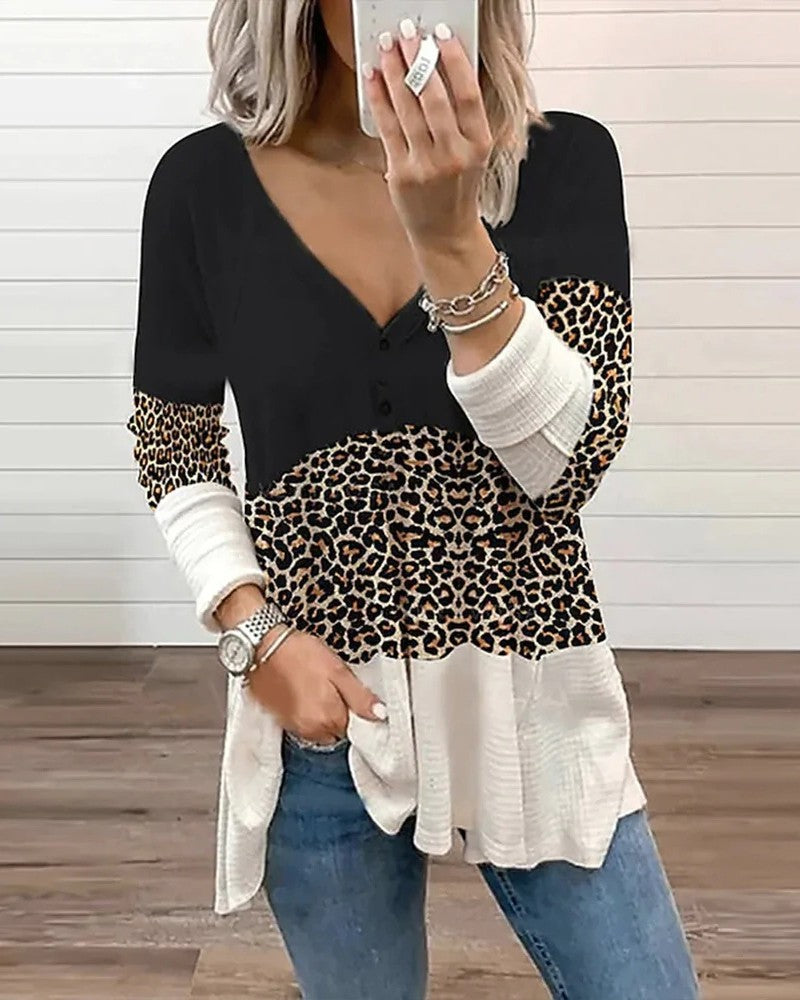 Contrast Leopard Colorblock Long Sleeve Top