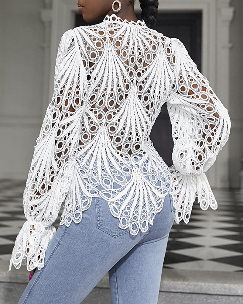 Eyelet Embroidery Button Front Bell Sleeve Top