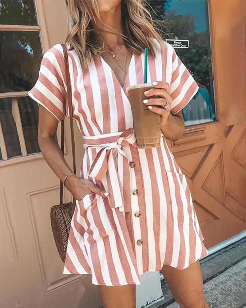 Striped Button Design Pockets Casual Dress