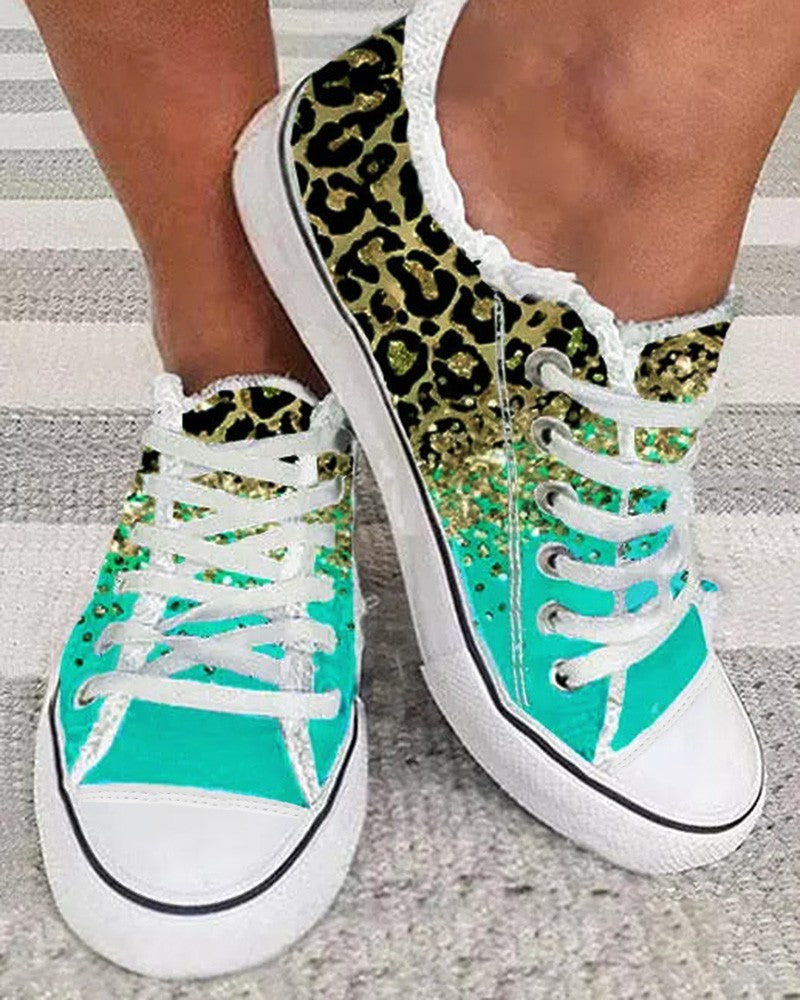 Contrast Leopard Gradient Fringe Hem Sneakers