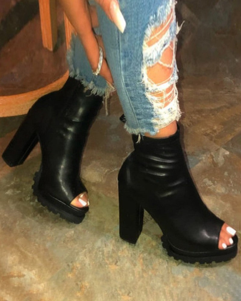 Peep Toe Zipper Design Chunky Boots Sandals