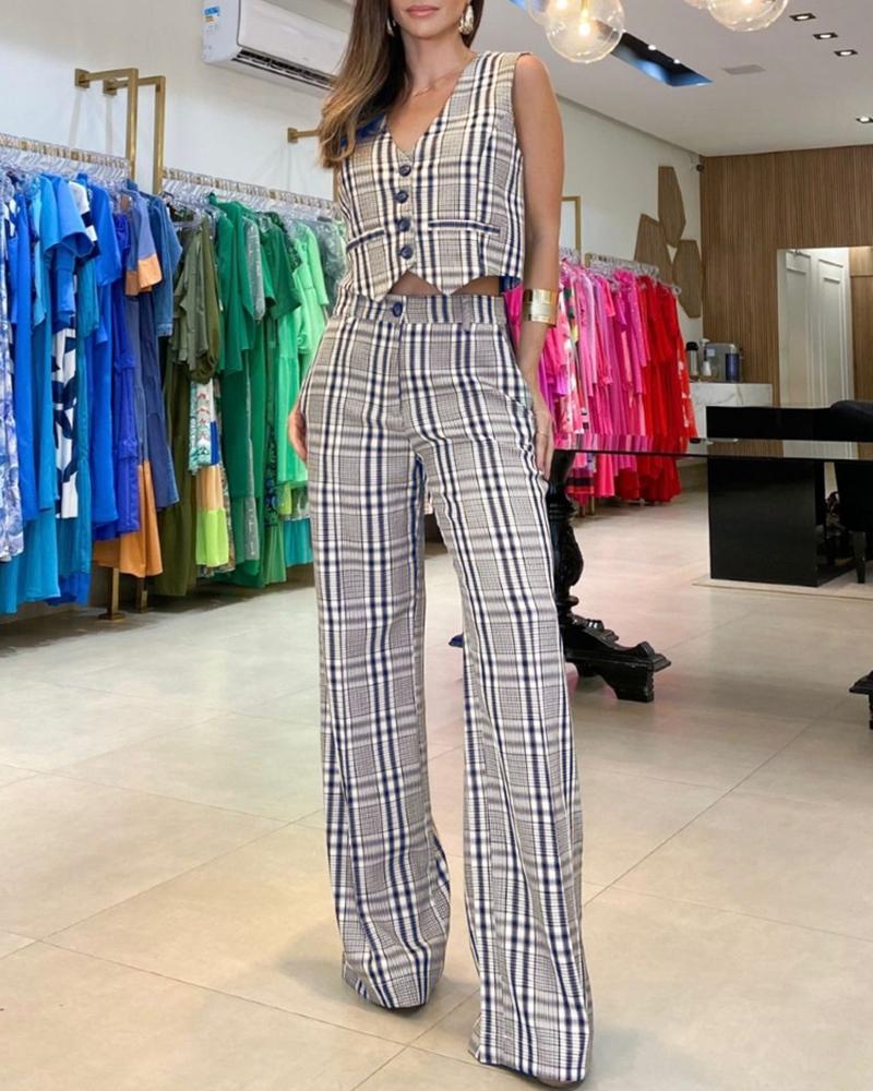 Plaid Print Buttoned Tank Top & Wide Leg Pants Set