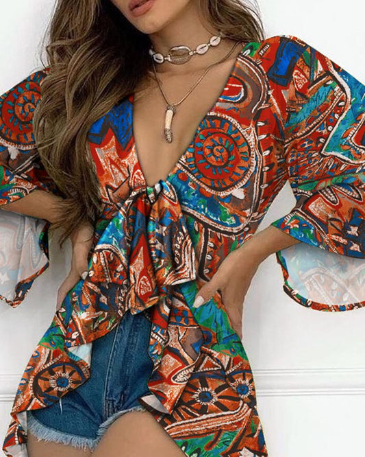 Tribal Print High Low Hem Bell Sleeve Top