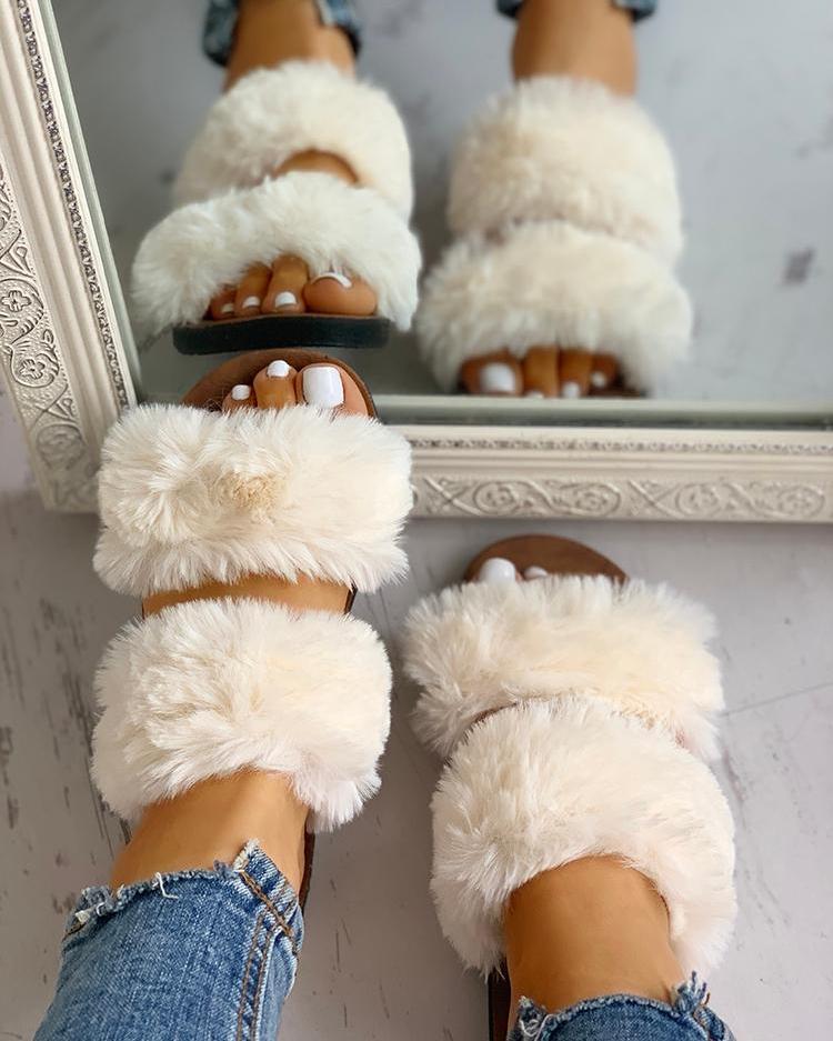 Fluffy Design Open Toe Flat Shoes