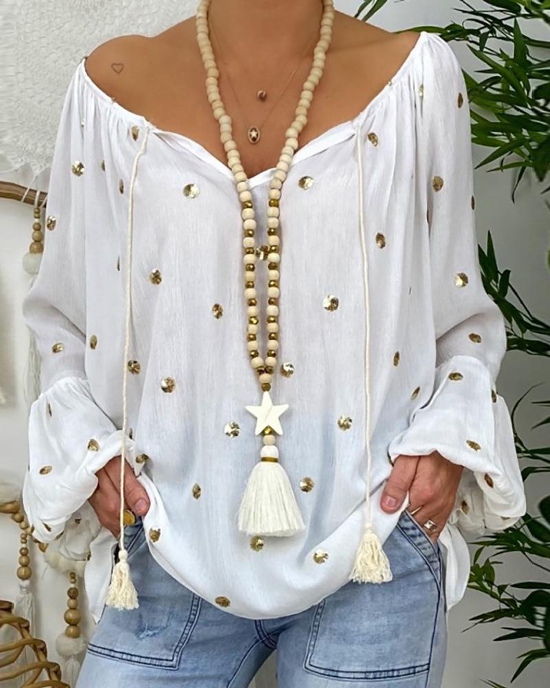 Polkadot Tassel Design Lantern Sleeve Casual Top