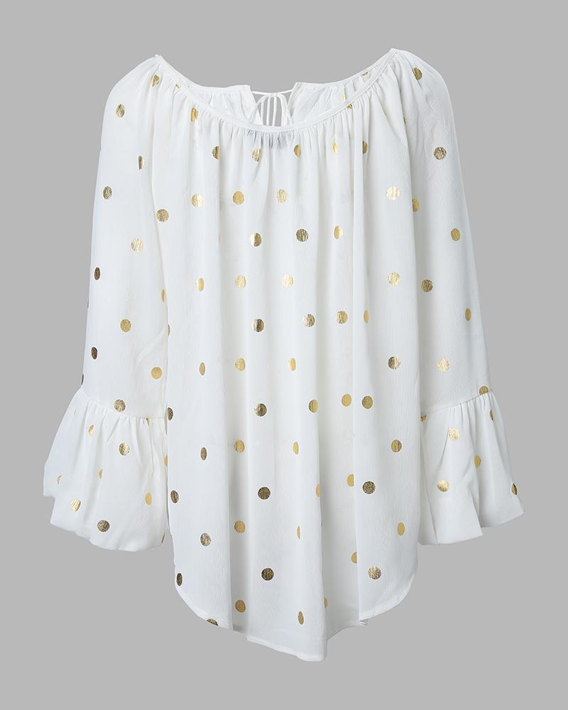 Polkadot Tassel Design Lantern Sleeve Casual Top