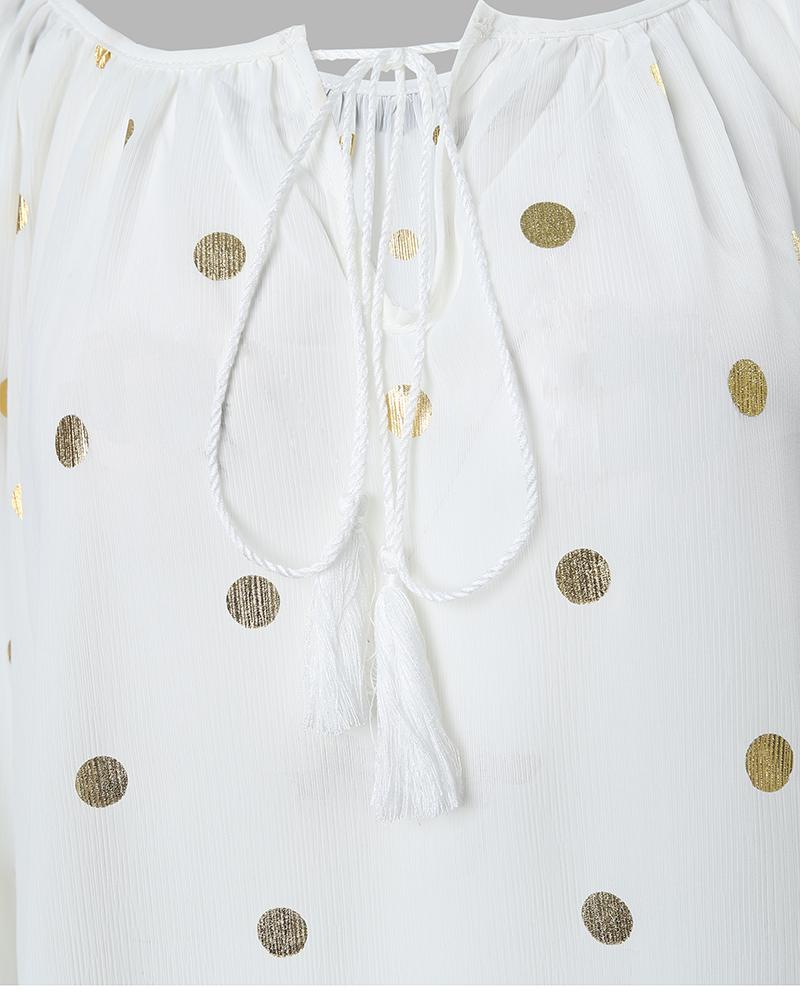 Polkadot Tassel Design Lantern Sleeve Casual Top