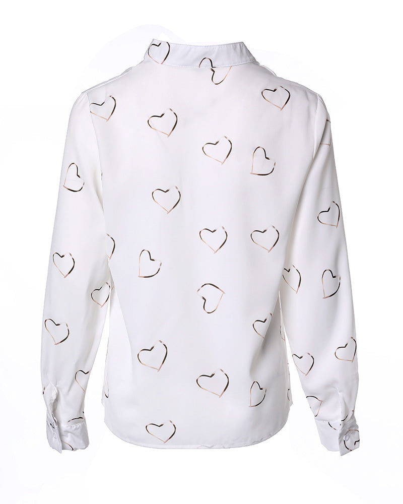 Heart Print V Neck Long Sleeve Casual Top