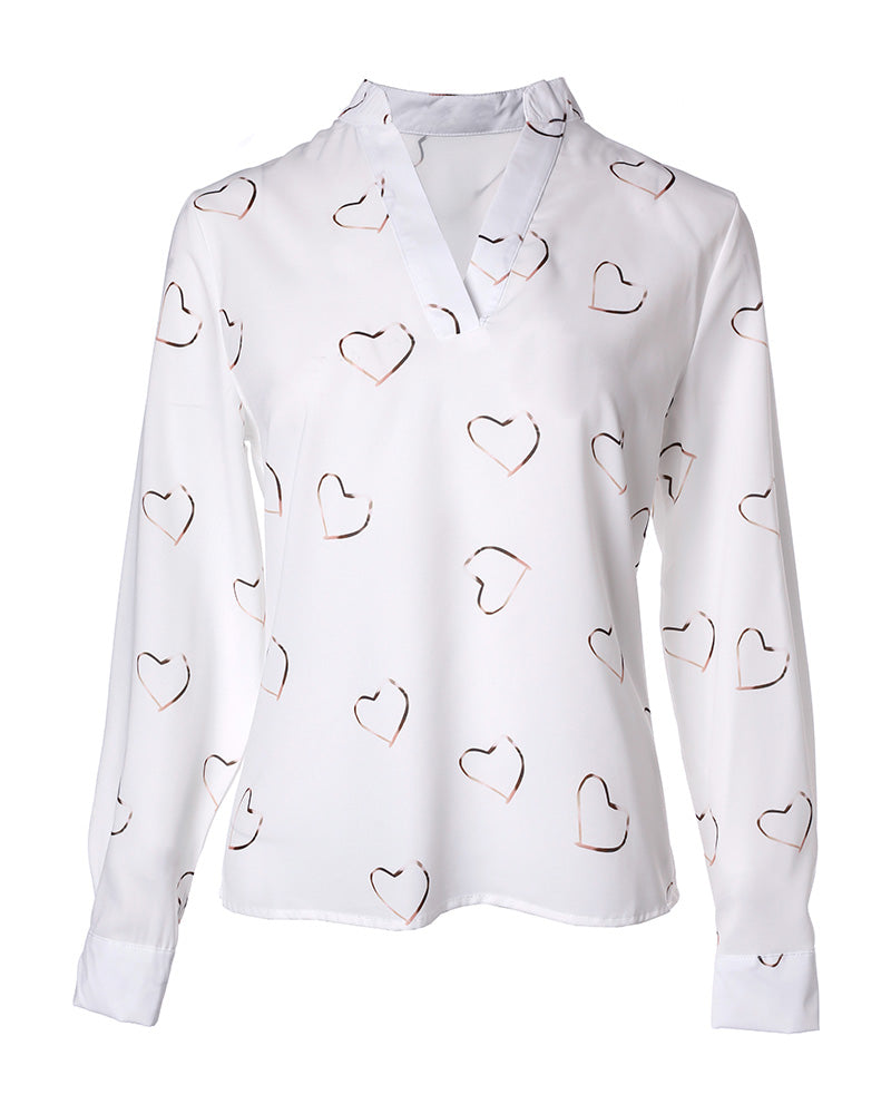 Heart Print V Neck Long Sleeve Casual Top