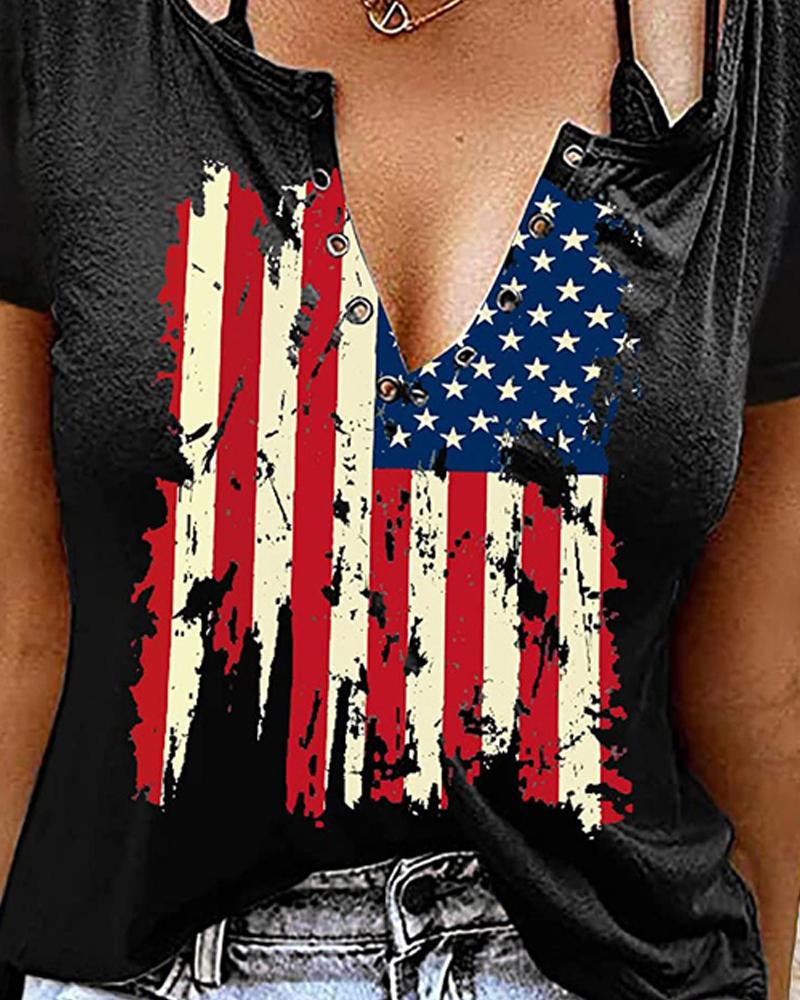 Independence Day Flag Print Eyelet Decor T shirt