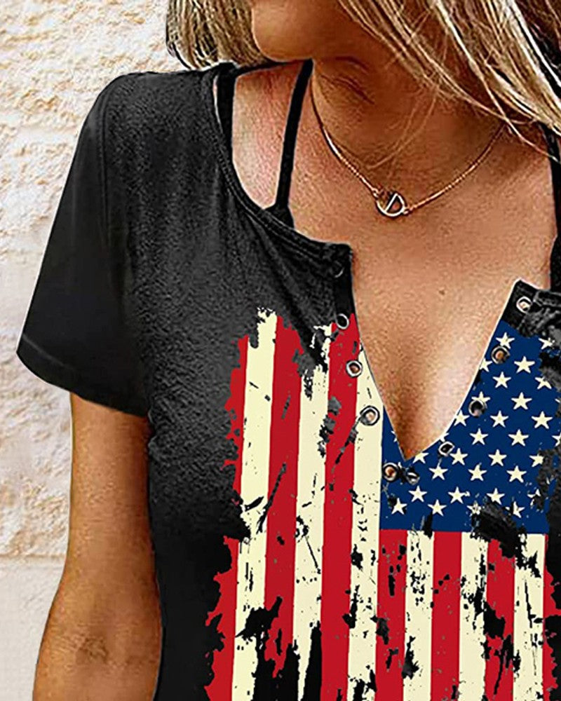 Independence Day Flag Print Eyelet Decor T shirt