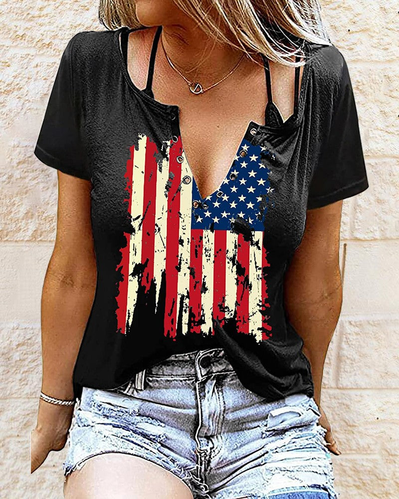 Independence Day Flag Print Eyelet Decor T shirt