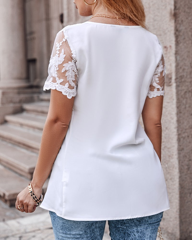 Lace Patch Ruched V Neck Top