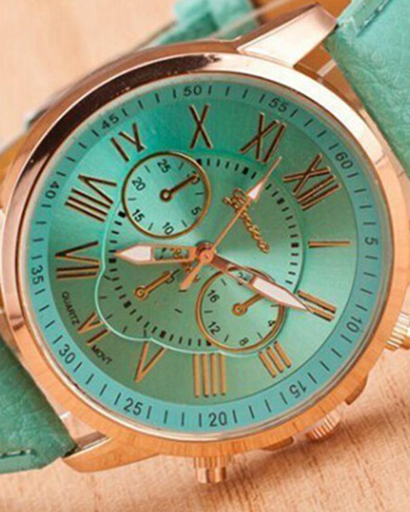 1pc Leather Band Quartz Watch