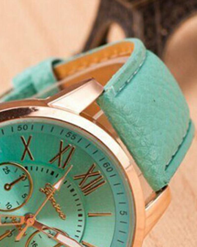 1pc Leather Band Quartz Watch