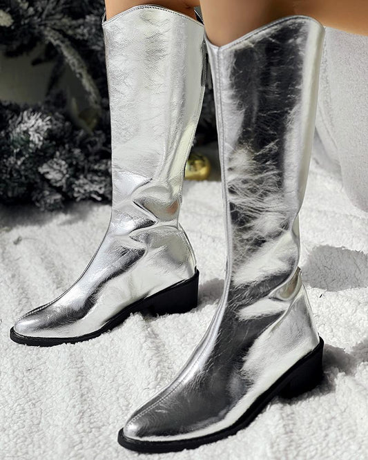 Metallic Chunky Heel Cowboy Style Calf Boots