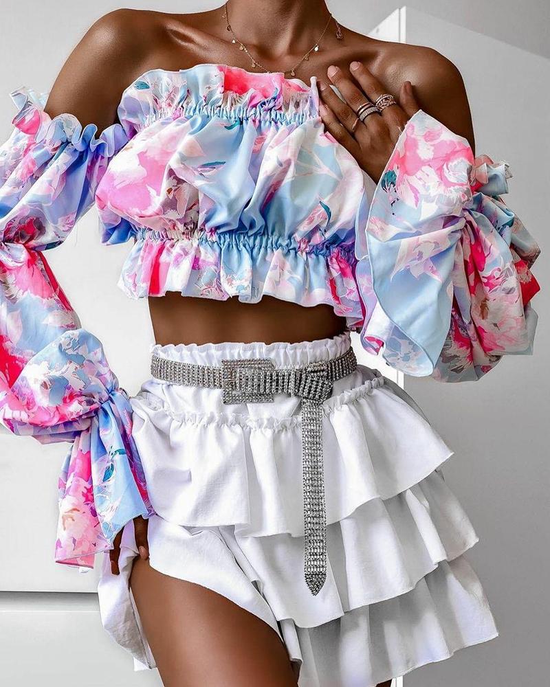 Floral Print Off Shoulder Flared Sleeves Frill Hem Crop Top