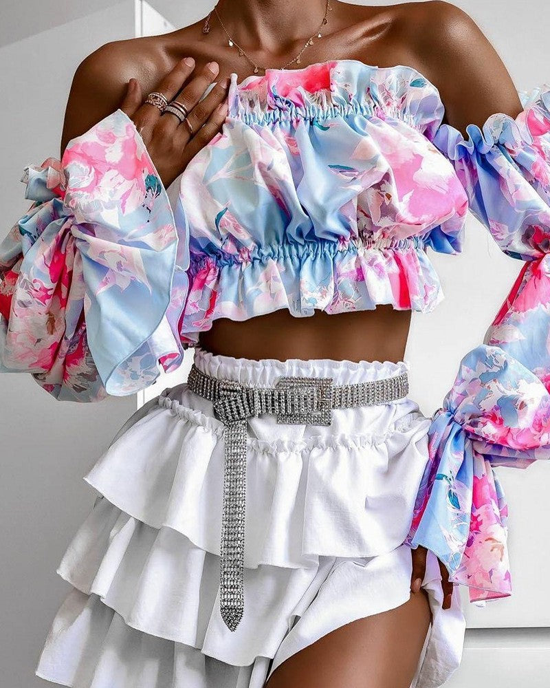 Floral Print Off Shoulder Flared Sleeves Frill Hem Crop Top