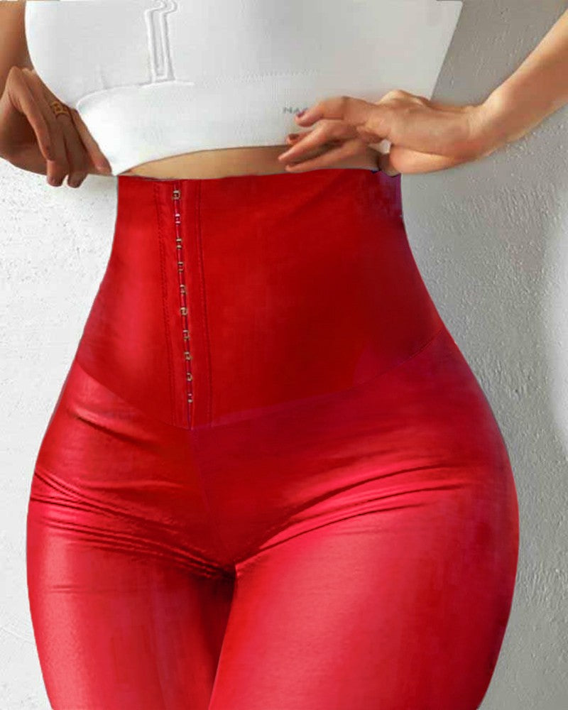 Hook Front Liquid Gloss Sauna Sweat PU Leather Leggings