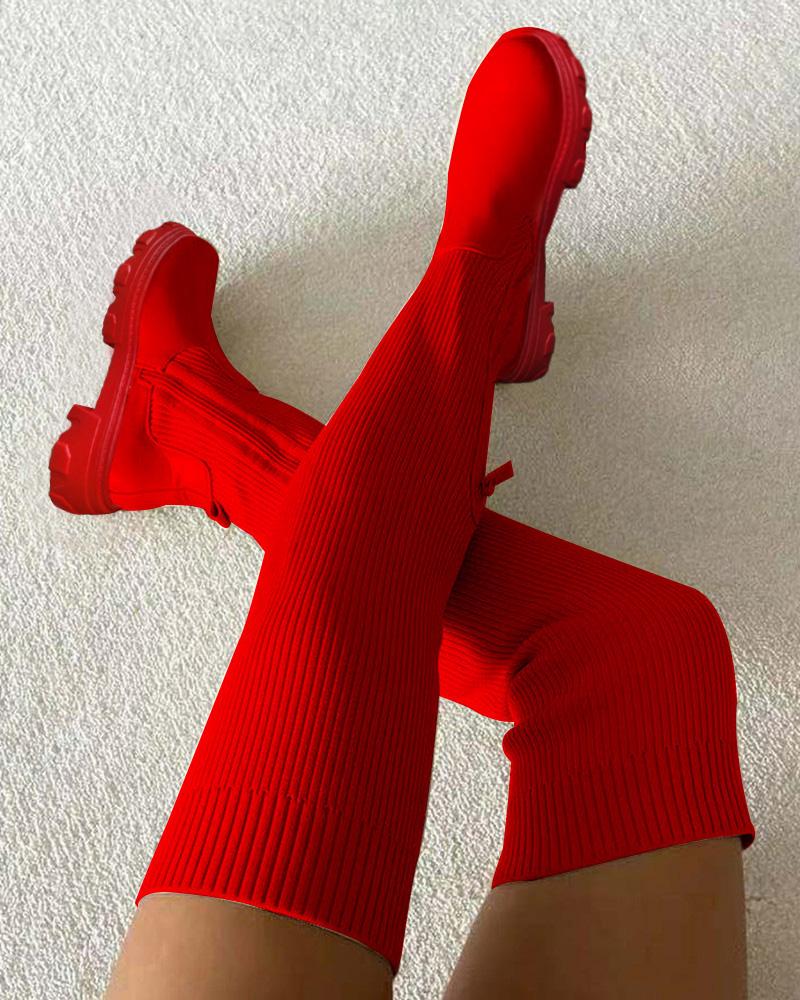 Plain Zipper Decor Knit Knee High Boots