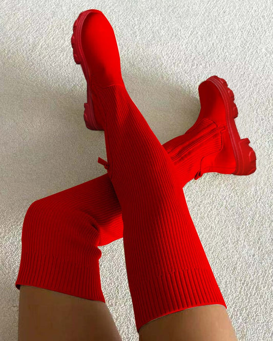 Plain Zipper Decor Knit Knee High Boots