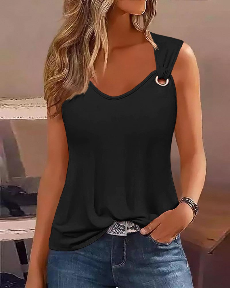 Eyelet V Neck Casual Tank Top