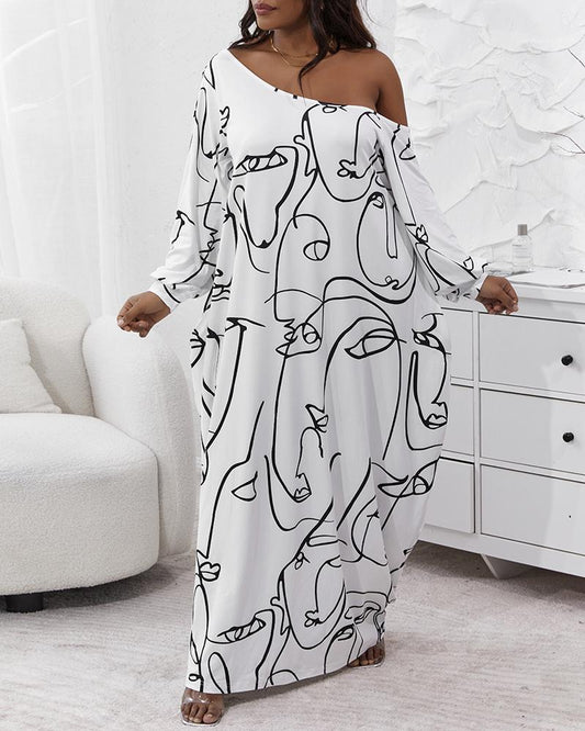 Plus Size Abstract Figure Print Lantern Sleeve Maxi Dress