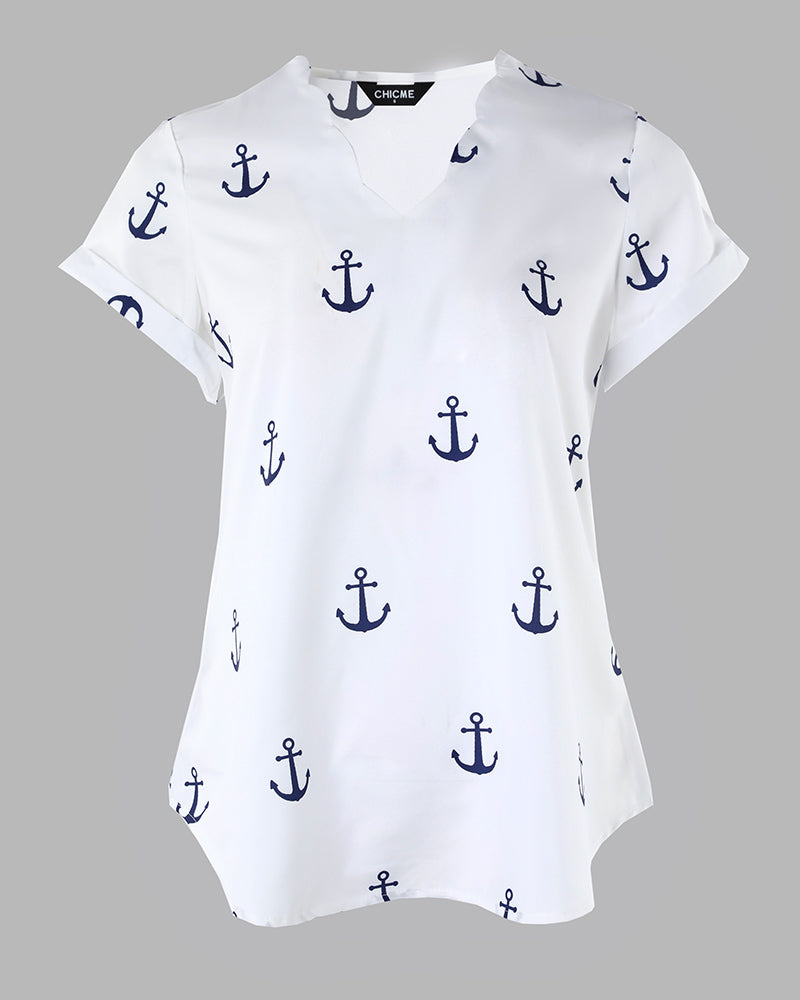 Anchor Print Short Sleeve Casual Top