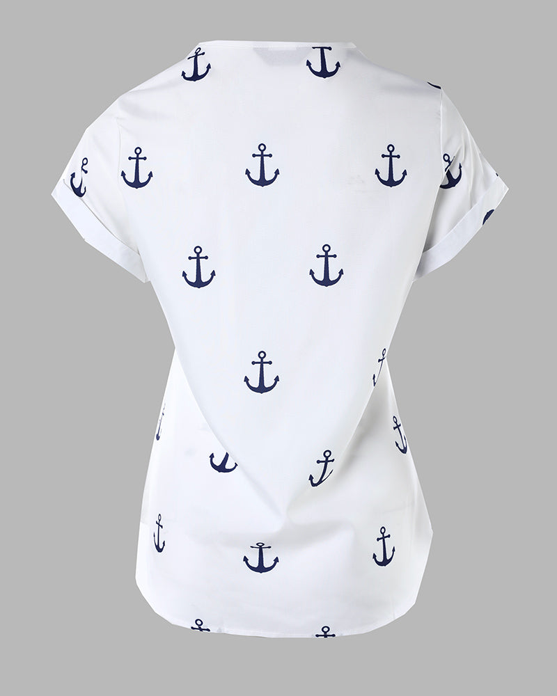 Anchor Print Short Sleeve Casual Top