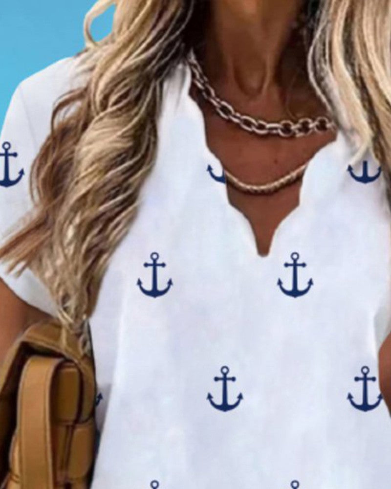 Anchor Print Short Sleeve Casual Top