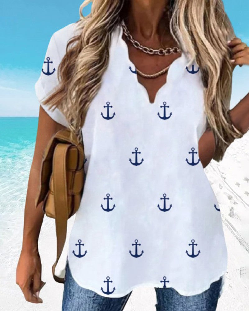 Anchor Print Short Sleeve Casual Top