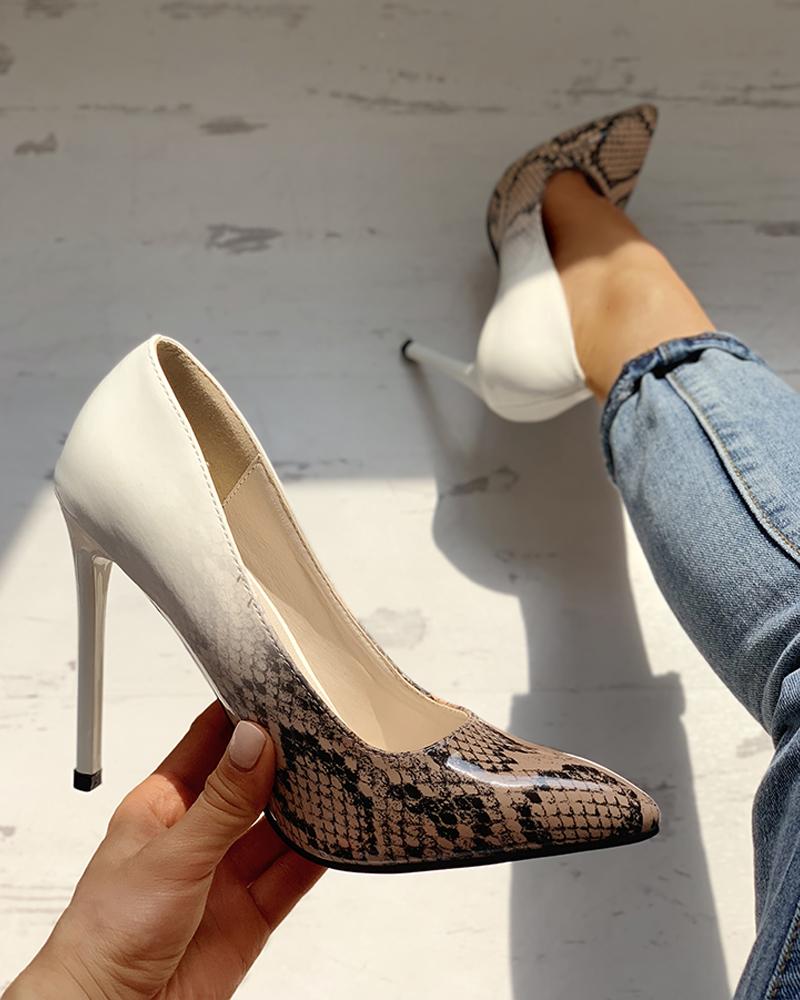 Pointed Toe Snakeskin Colorblock Insert Thin Heels