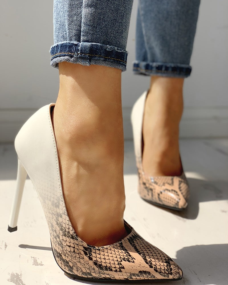 Pointed Toe Snakeskin Colorblock Insert Thin Heels